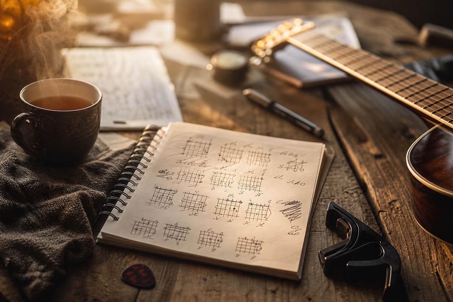 Ambiance : un cahier de grilles d'accords manuscrites sur une table en bois
