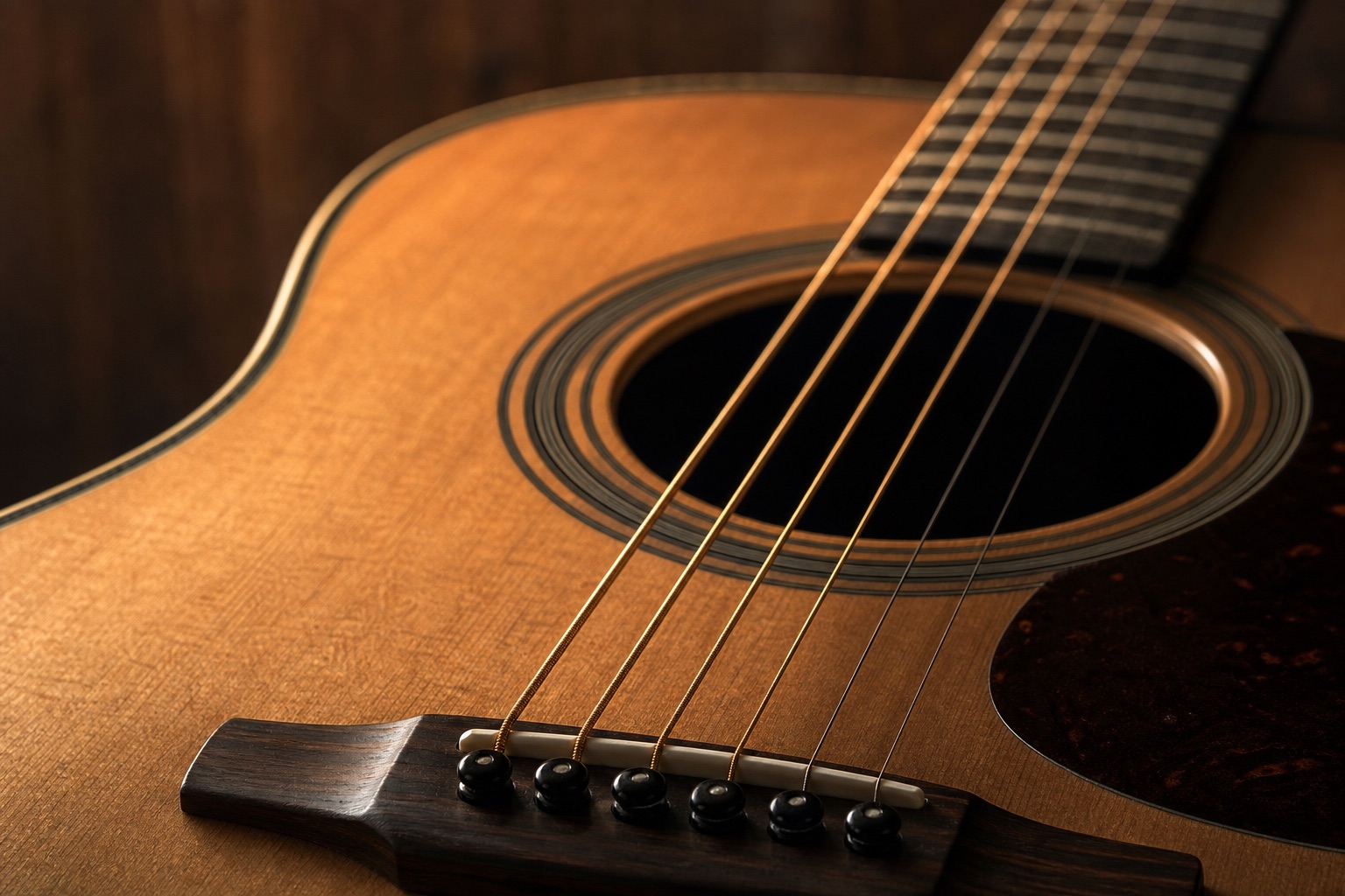 Ambiance : gros plan sur les cordes de bronze d'une guitare folk sous une lumière douce