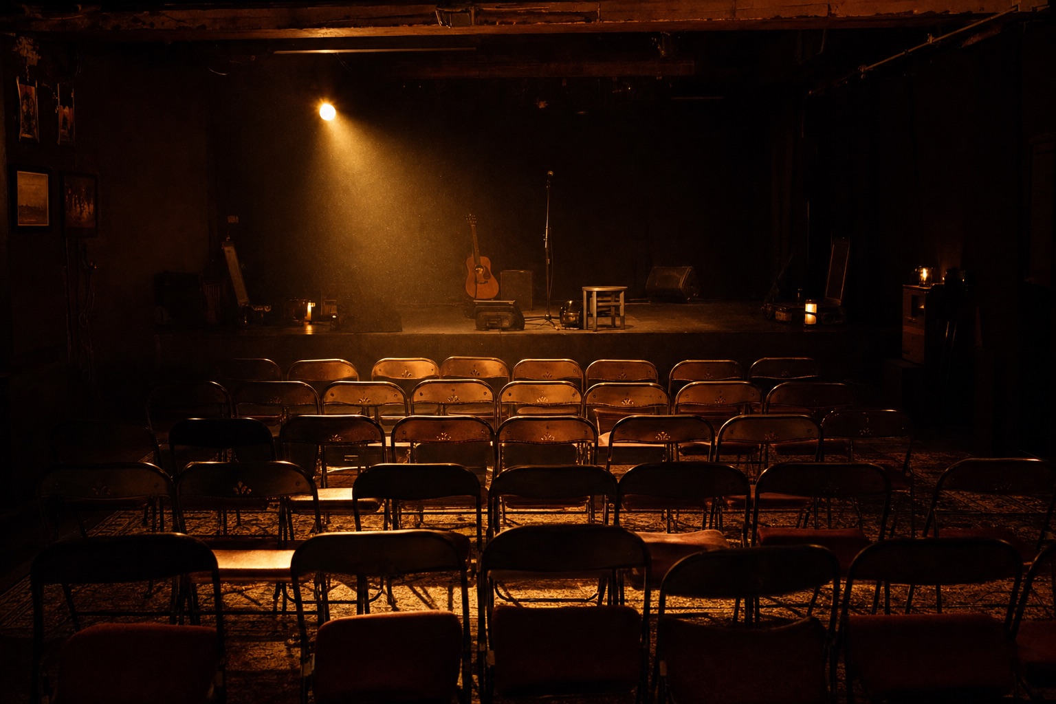 Ambiance : une petite salle de concert dans la pénombre, éclairée d'un halo chaud au sol
