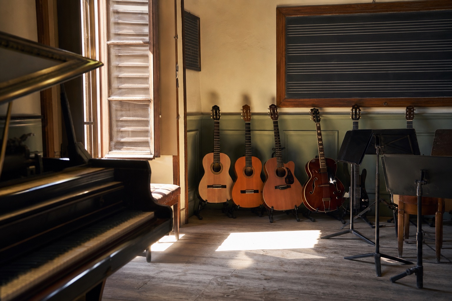 Ambiance : une salle de musique avec des guitares sur pieds dans la lumière du matin