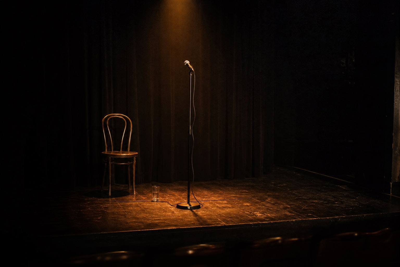 Ambiance : une scène de club avec un micro seul sous un spot